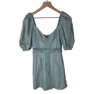 Esther & Co. Mini Dress Eyelet Puff Sleeve Sage Green Cotton Size XS boho NWT‎